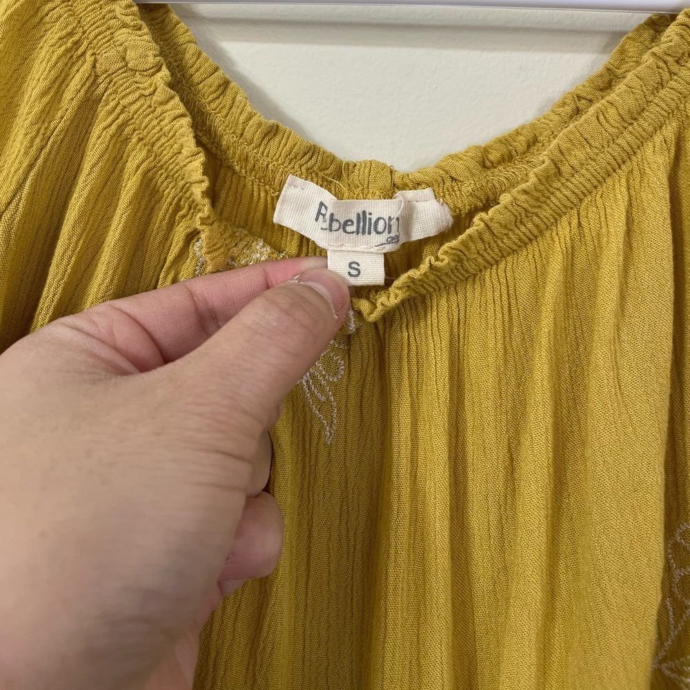 Rebellion Mustard White Flower Embroidered Off The Shoulder Cropped Front Tie S - Picture 5 of 8